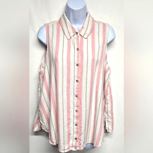 Splendid L Linen Blend Sleeveless Top Button Down Collared Stripes - Picture 1 of 6